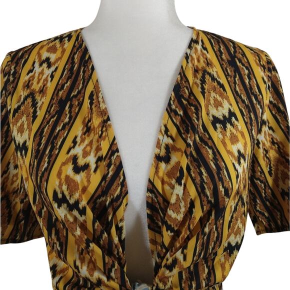W Southwest Aztec Western Yellow Brown Front Tie CropTop Shirt NWT S Wrap VNeck - Picture 2 of 8